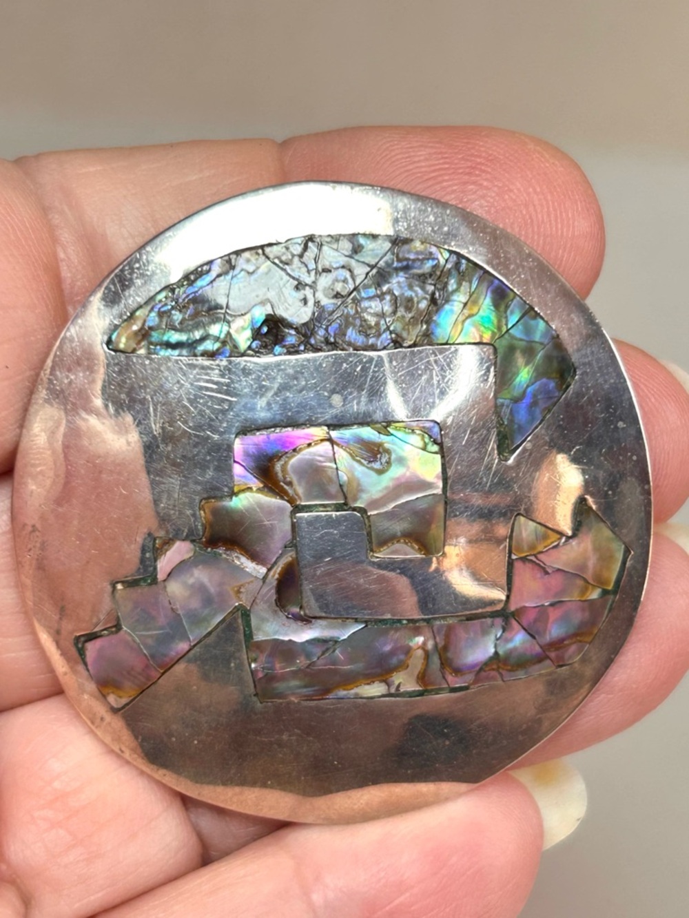 Taxco Sterling Silver 925 Mexico Pendant Brooch abalone shell inlay iridescent